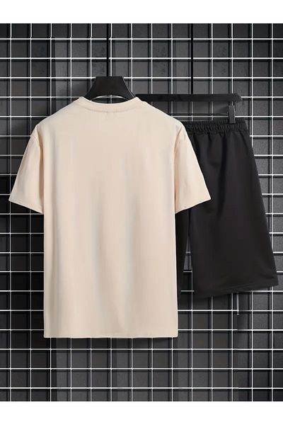 LUNAVISTA Men's 2 piece set creative letter Printed casual t-shirt and lace up loose shorts summer men's clothing