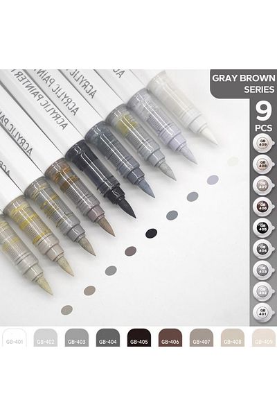 Choice Gray Brown Series Acrylic Brush Markers Set, Assorted Pro Color Series Automatic Ink Control System