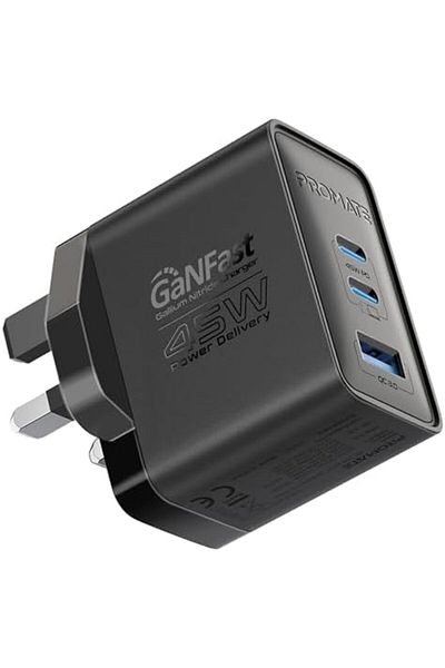 Promate 45W Power Delivery GaNFast™ Charger, Dual USB-C Ports, and Quick Charge USB-A Port