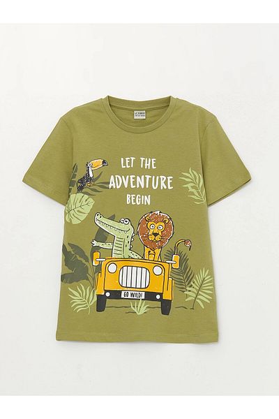 LC Waikiki Lcw Kids Green Crew Neck Printed Short Sleeve T-Shirt and Shorts for Boys