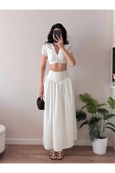LOCH BUTİK Women's White Buttoned Gathered Skirt Double Suit