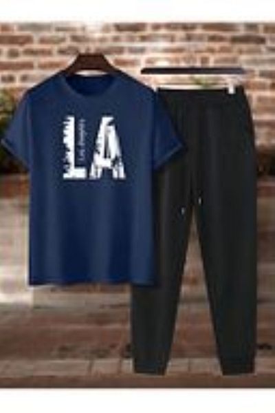 LUNAVISTA Men's Casual Comfortable Letter Printed Crew Neck T-Shirt and Jogger Set