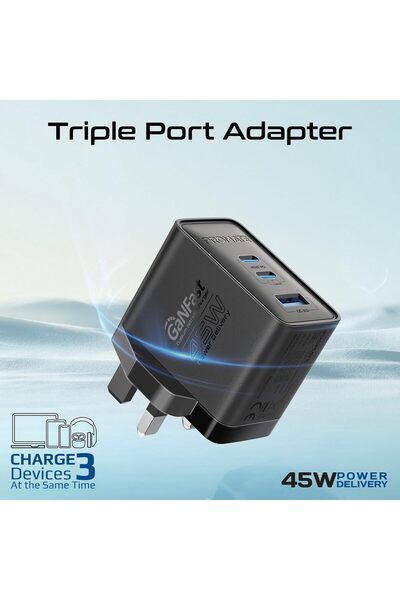 Promate 45W Power Delivery GaNFast™ Charger, Dual USB-C Ports, and Quick Charge USB-A Port