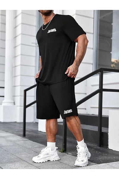 LUNAVISTA Men's Wide Leg Short Sleeve Letter Printed T-Shirt and Shorts Set