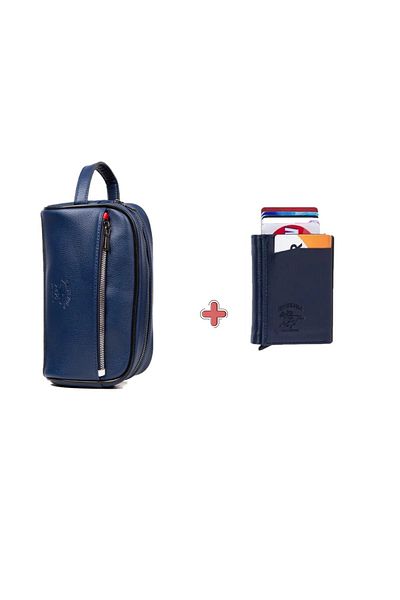 Newish Men's Leather Mechanism Wallet and Portfolio Clutch Daily Handbag (14X24Cm) Navy Blue