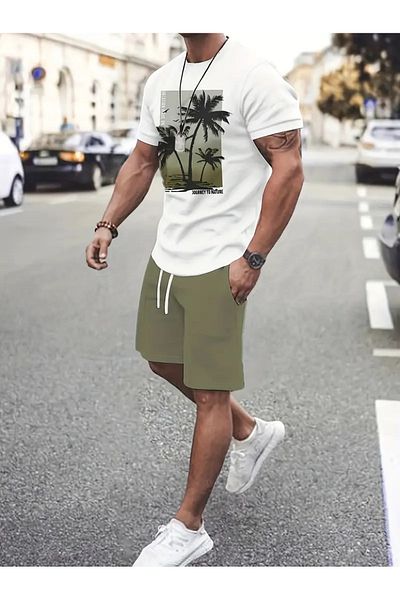 LUNAVISTA Men's Tropical Print T-Shirt and Matching Shorts, Casual Sports Vacation Clothing.
