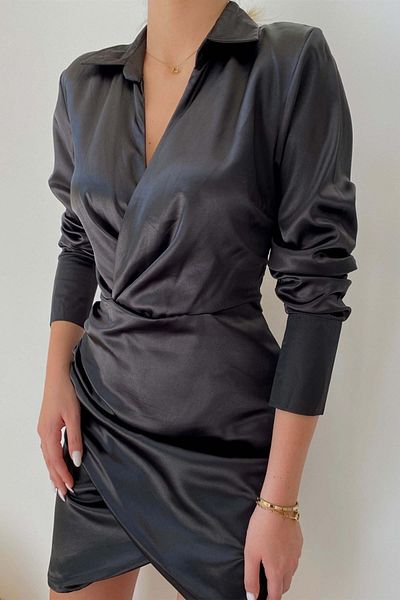 Mine Tan Butik Shirt Collar Double Breasted Cutout Plain Black Dress