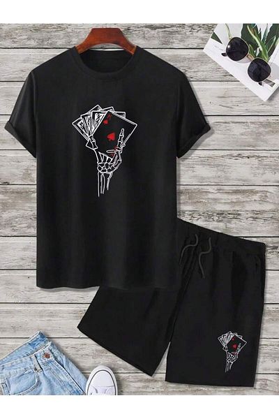 LUNAVISTA Men's Playing Cards Printed T-Shirt and Shorts for Outdoor, Gift for Lover