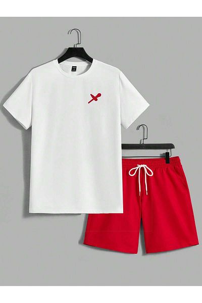 LUNAVISTA Manfinity RebelGame Men's Cartoon Pattern Knitted Short-Sleeved Woven Shorts Two-Piece Set