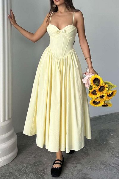 Mine Tan Butik Rochie Midi Poplin de damă cu detaliu Corsaj - Galben