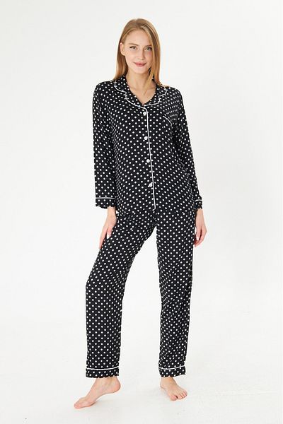 seamlife Women's 100% Cotton Woven Black Polka Dot White Piping Shirt Collar Buttoned Top with Pockets Pajama Set