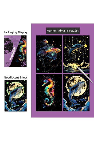Choice A5 Marine Animal 4 Pcs/Set A5 Noctilucent DIY Scratch Painting Castle Lanscape Cute Animal Night Vie