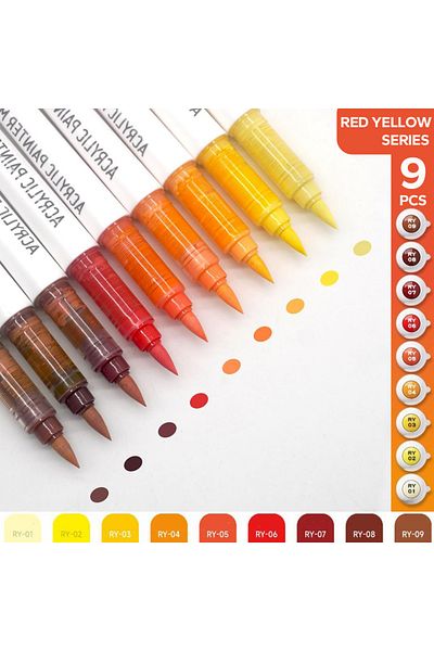 Choice Red Yellow Series Acrylic Brush Markers Set, Assorted Pro Color Series Automatic Ink Control System