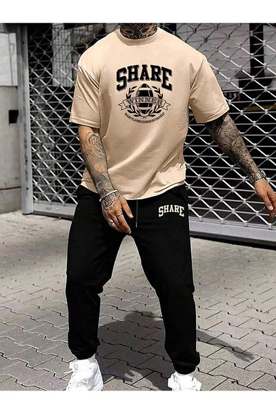 LUNAVISTA Men's Summer Casual Plus Size Round Neck Short Sleeve Letter Printed T-Shirt Long Pants Set