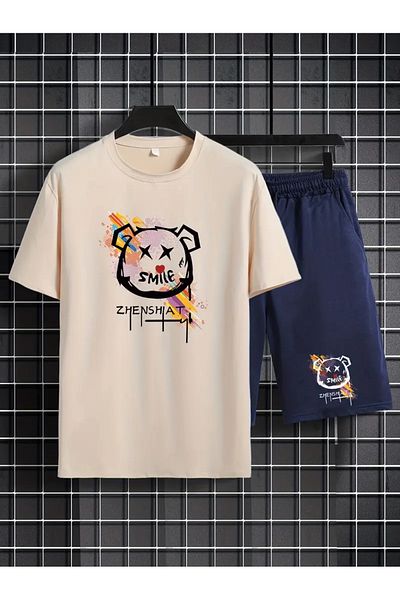 LUNAVISTA Men's Casual Short Sleeve Round Neck Bear Element Graphic Printed Summer Loose T-Shirt and Shorts Set