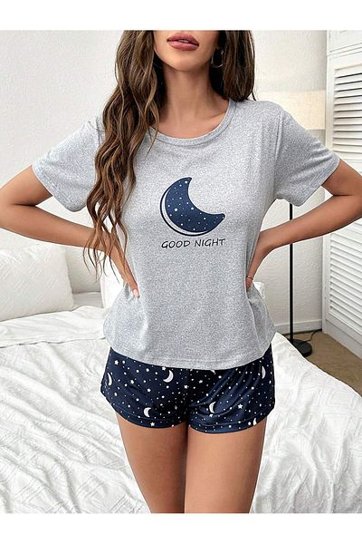 LUNAVISTA Women's Moon Logo Printed Top and Shorts Pajama Set with Short Nightdress