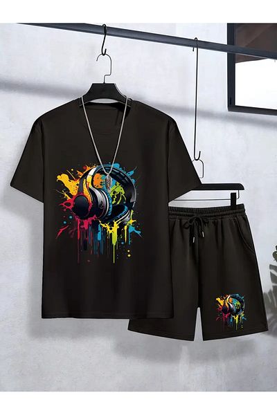 LUNAVISTA Colorful youth summer t-shirt and shorts set casual headset geometric pattern