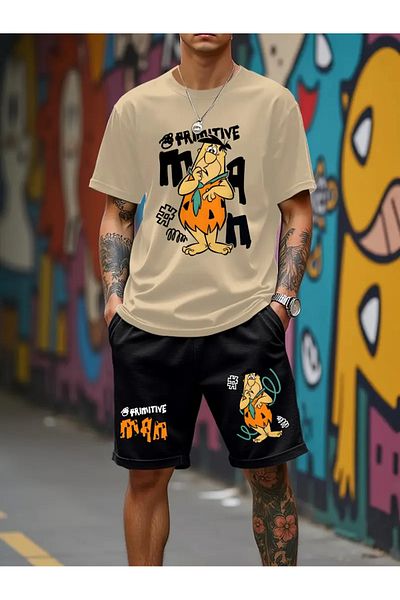 LUNAVISTA Men's Casual Printed Tracksuit Set, Short Sleeve Round Neck T-Shirt and Shorts, Sweatpants Suit