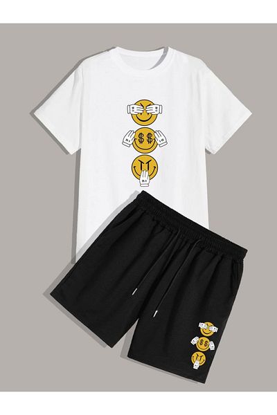 LUNAVISTA Men's Casual Knitted Printed Short Sleeve Smile Printed T-Shirt and Shorts Set