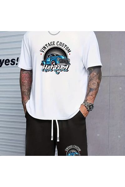 LUNAVISTA Men's Two-Piece Tracksuit with Crew Neck T-Shirt and Car Printed Shorts