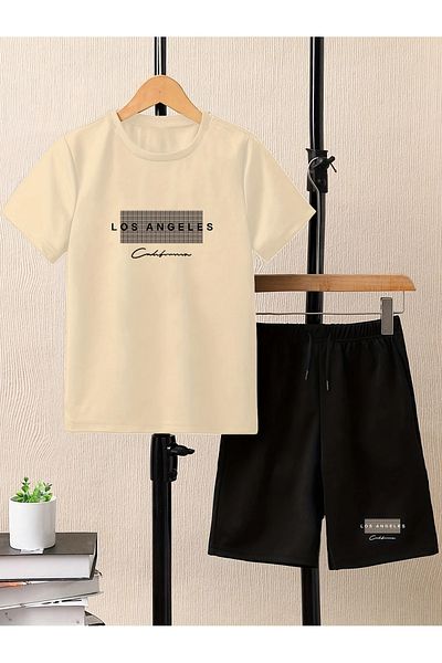 LUNAVISTA Men's 2-Piece Knitted Short Sleeve Letter Printed Shorts Set