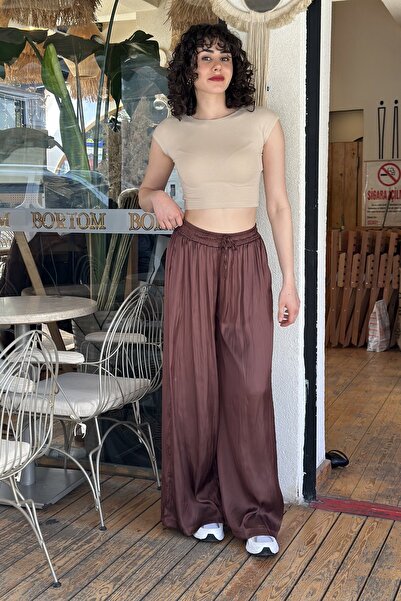 CurcunaShop Kadın Geniş Paça Bol Bağcıklı Saten Pantolon