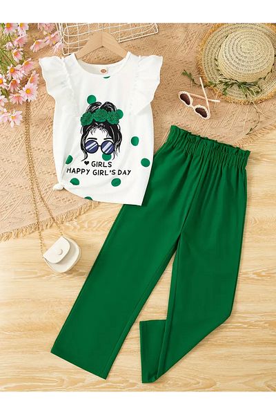 LUNAVISTA Girls Summer Casual 2 Piece Set Green Portrait Printed Puff Sleeve Blouse + High Waist Pants