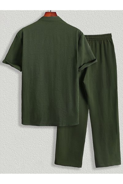 LUNAVISTA Men's Solid Color Front Button Shirt and Lace-Up Pants Set