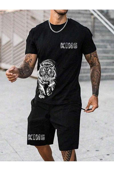 LUNAVISTA Boys summer stylish short sleeve tiger print shirt and shorts set