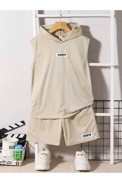 LUNAVISTA Teen Boys' 2-Piece Set with Large Letter Print Relaxed Hoodie Top and Shorts, Sporty Style