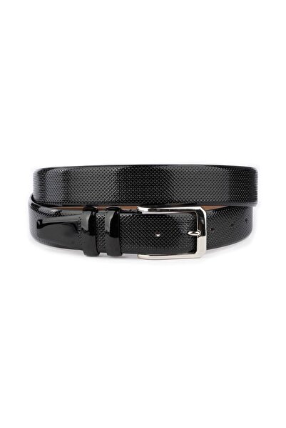 ÖZTÜRK DERİ Luxury Men's Glossy Black Belt Perforated Leather Silver Buckle D...