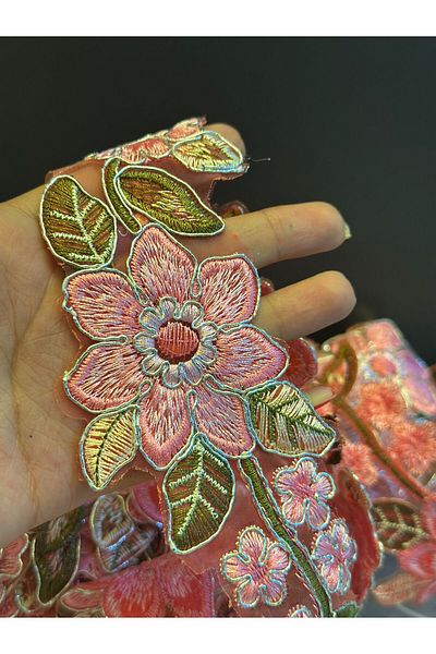 Gönülden Tasarım Width 5 cm Foil Floral Cuttable Ribbon Sewing Applique 1 Meter Pink