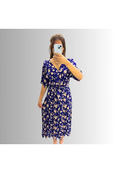 DENİZCE Double Breasted Collar Half Sleeve Midi Length Viscose Fabric Dress with Elastic Waist and Sashes Tie