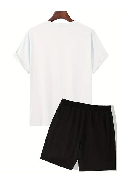 LUNAVISTA Men's 2 Piece Sports Set Consists of Letter Printed Round Neck T-Shirt and Lightweight Shorts