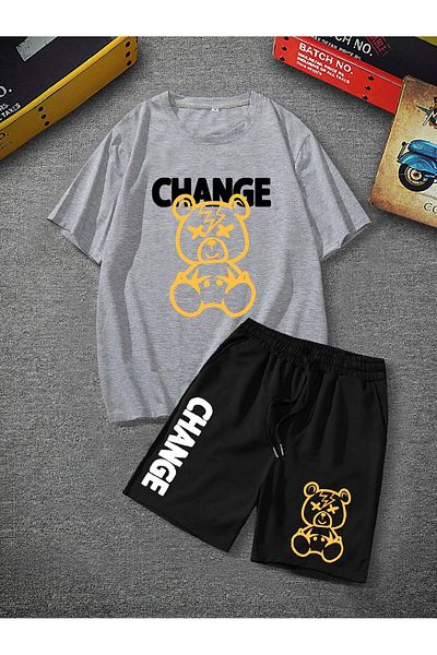 LUNAVISTA 2-Piece Tracksuit Set with Printed Teddy Bear Crew Neck T-Shirt and Lightweight Shorts.