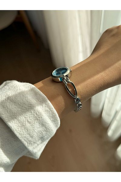 Vola Collection Thin Silver Cord Minimal Women's Wrist Watch with Round Blue Dial - 31