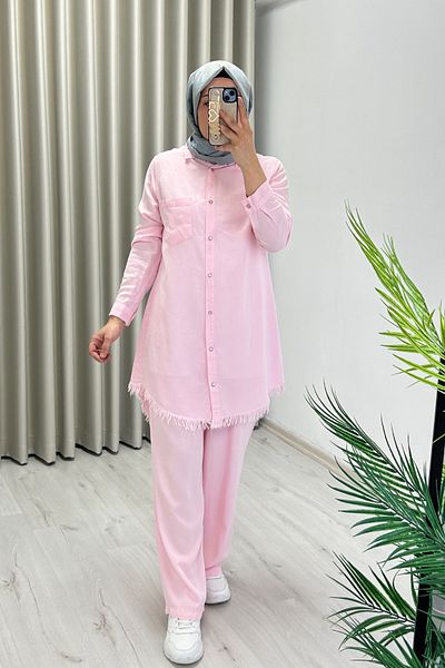 T Moda Store Premium Fabric Snap Button Detailed Shirt Trousers Double Hijab Suit