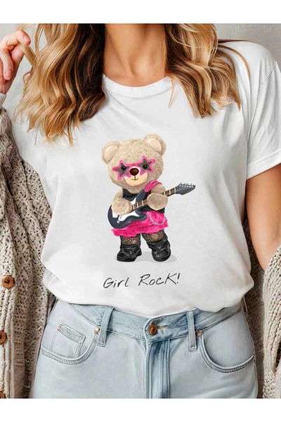 Sarah's Boutique Tricou de damă – 100% bumbac – Ursuleți de pluș „GIRL ROCK”