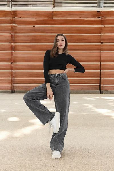 Livik Fiona Young Girl Smoked High Waist Elastane Blended Unlined Loose Leg Jeans