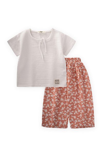 Cigit Muslin Suit with Loose Pants 2-7 Years White Patterned G.Kurusu