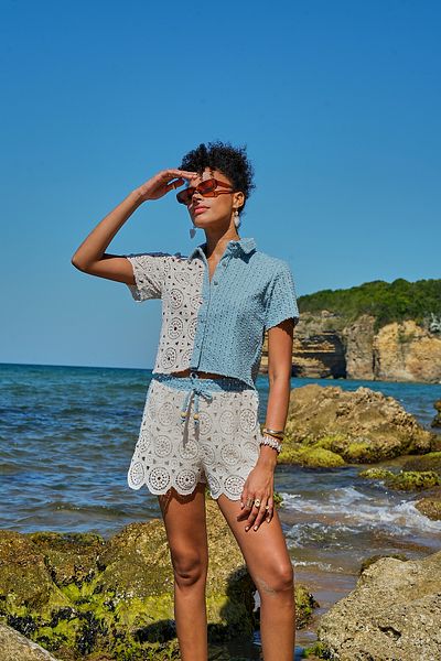 ASEDE Premium Laced Lace Detailed Denim Sequin Shirt Shorts Set
