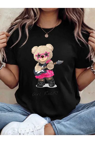 Sarah's Boutique Tricou de damă – 100% bumbac – Ursuleți de pluș „GIRL ROCK”