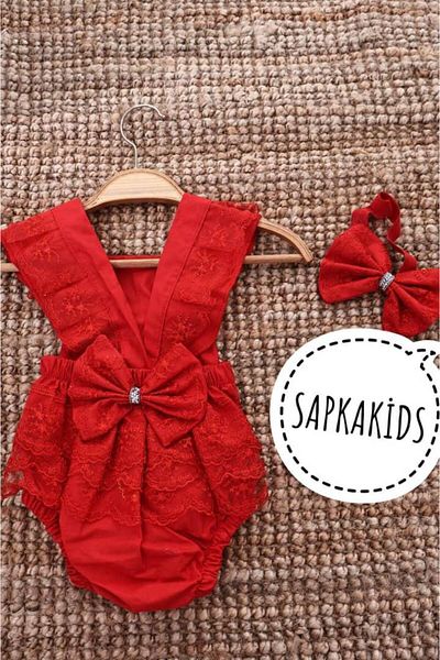 ŞAPKAKİDS Red Lace Salopet Stone Detail Bandana and Socks Set