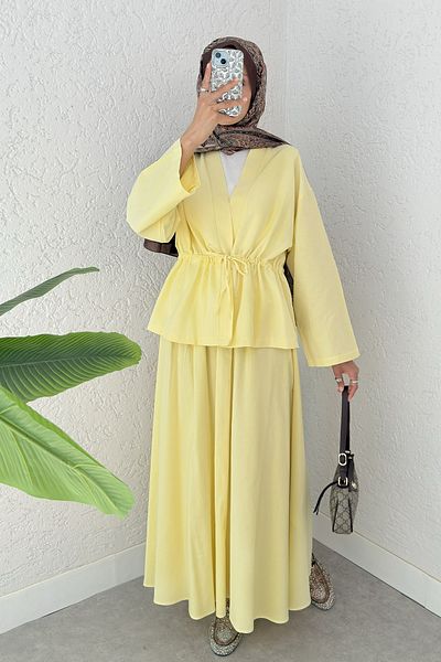 Salih Çelebi Waist Gathered Kimono Skirt Set 2354 - Yellow