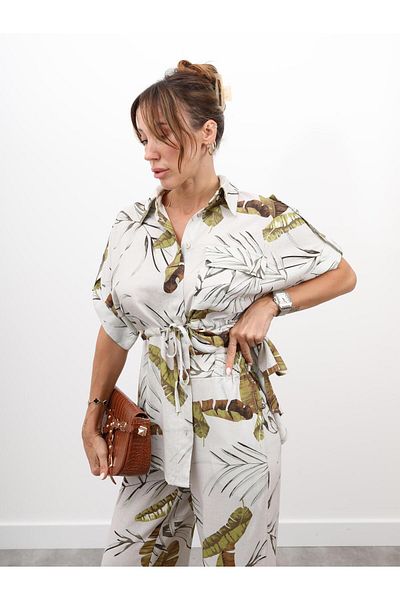 Maldia Shop Women's Leaf Pattern Beige Bottom Top Set