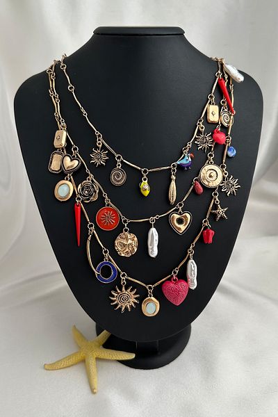 Modex Vintage Detailed Colorful Charm Multi-Layered and Figured Design Necklace
