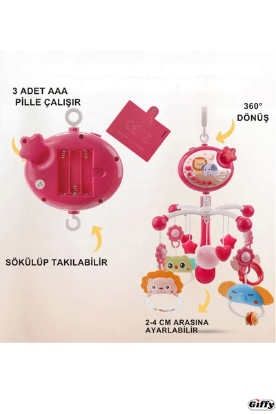 giffy Pilli Işıklı Müzikli Projektörlü Kumandalı Sabitlemeli Dönence Çıngıraklı Dişlikli Bebek Yatıştırıcı
