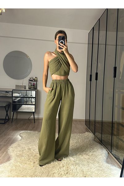 NET OF NOT Mia Khaki Muslin Fabric Halter Neck Trousers Blouse Set