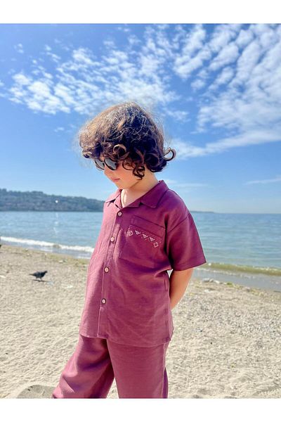 Cigit Pocket Embroidered Shirt Trousers Linen Suit 2-7 Years Old Plum