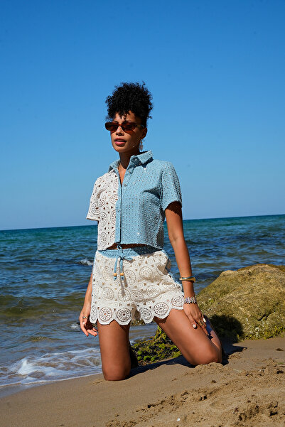 ASEDE Premium Güpürlü Dantel Detaylı Kot Pul Payetli Gömlek Şort Takım